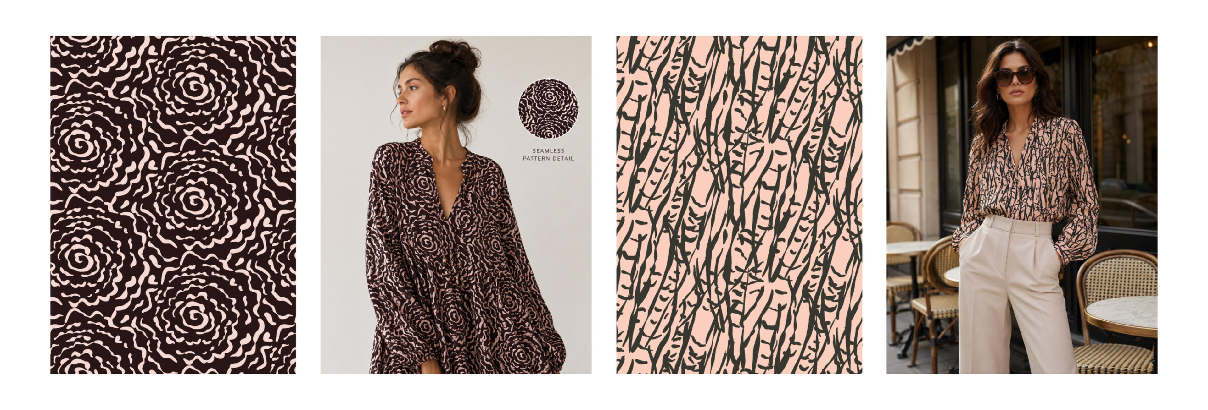 An elegant collection of seamless fashion textile patterns inspired by organic nature, abstract forms, and hand-drawn natural textures. Designed for womenswear, blouses, dresses, resortwear, and contemporary fabric print applications.