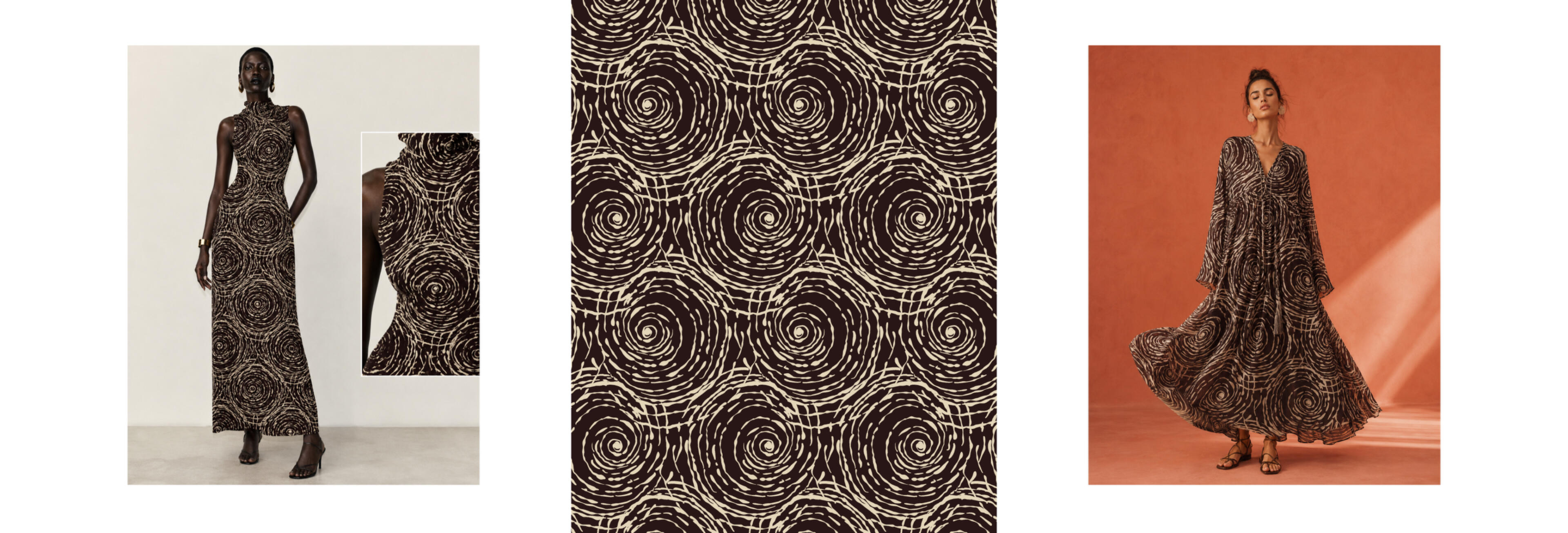 An elegant collection of seamless fashion textile patterns inspired by organic nature, abstract forms, and hand-drawn natural textures. Designed for womenswear, blouses, dresses, resortwear, and contemporary fabric print applications.