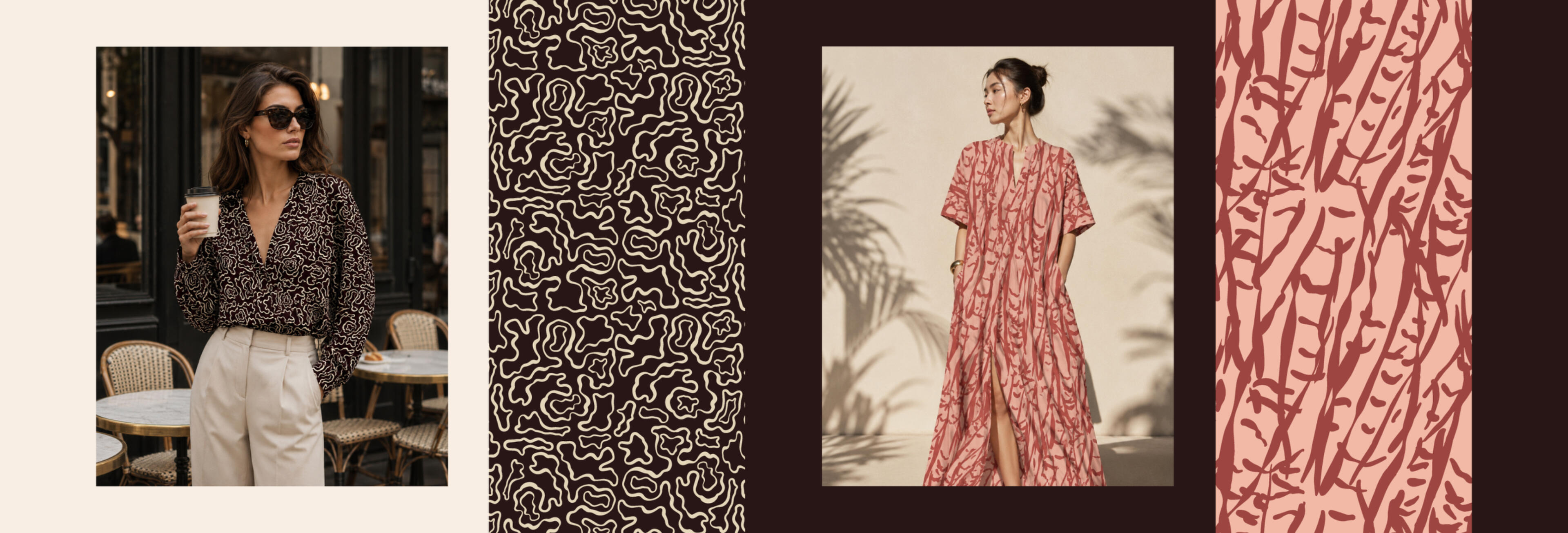 Organic Rhythms — Seamless Fashion Textile Patterns Inspired by Nature An elegant collection of seamless fashion textile patterns inspired by organic nature, abstract forms, and hand-drawn natural textures. Designed for womenswear, blouses, dresses, resortwear, and contemporary fabric print applications.
