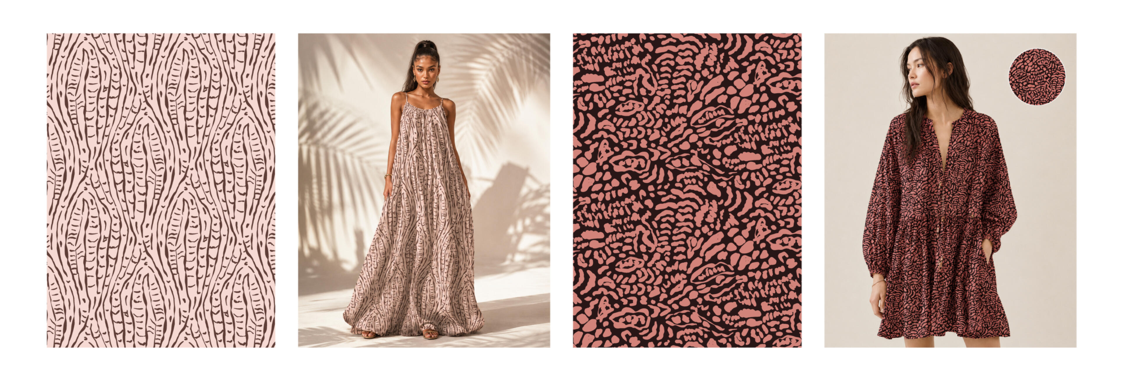 An elegant collection of seamless fashion textile patterns inspired by organic nature, abstract forms, and hand-drawn natural textures. Designed for womenswear, blouses, dresses, resortwear, and contemporary fabric print applications.