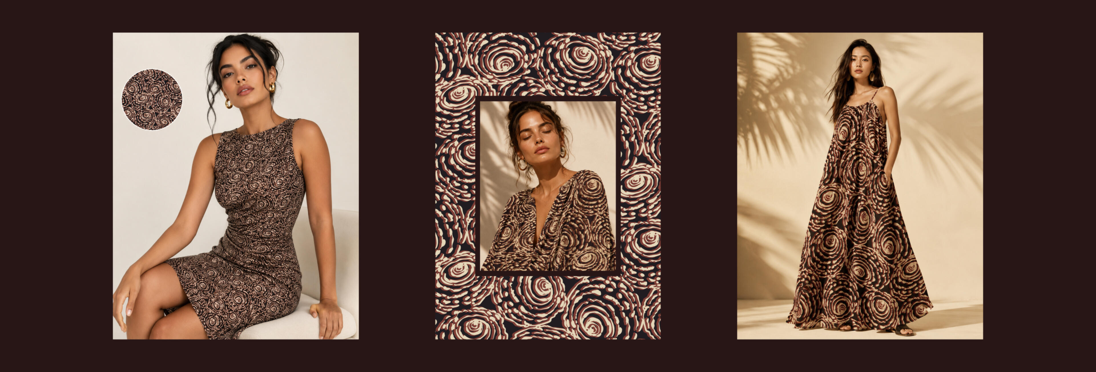 An elegant collection of seamless fashion textile patterns inspired by organic nature, abstract forms, and hand-drawn natural textures. Designed for womenswear, blouses, dresses, resortwear, and contemporary fabric print applications.